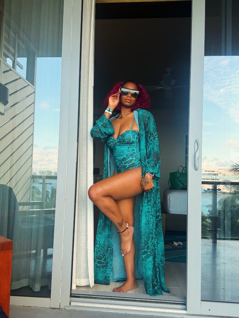Emerald Green Snakeskin Print Swimsuit Set w/ Sheer Duster Robe | Resort Wear